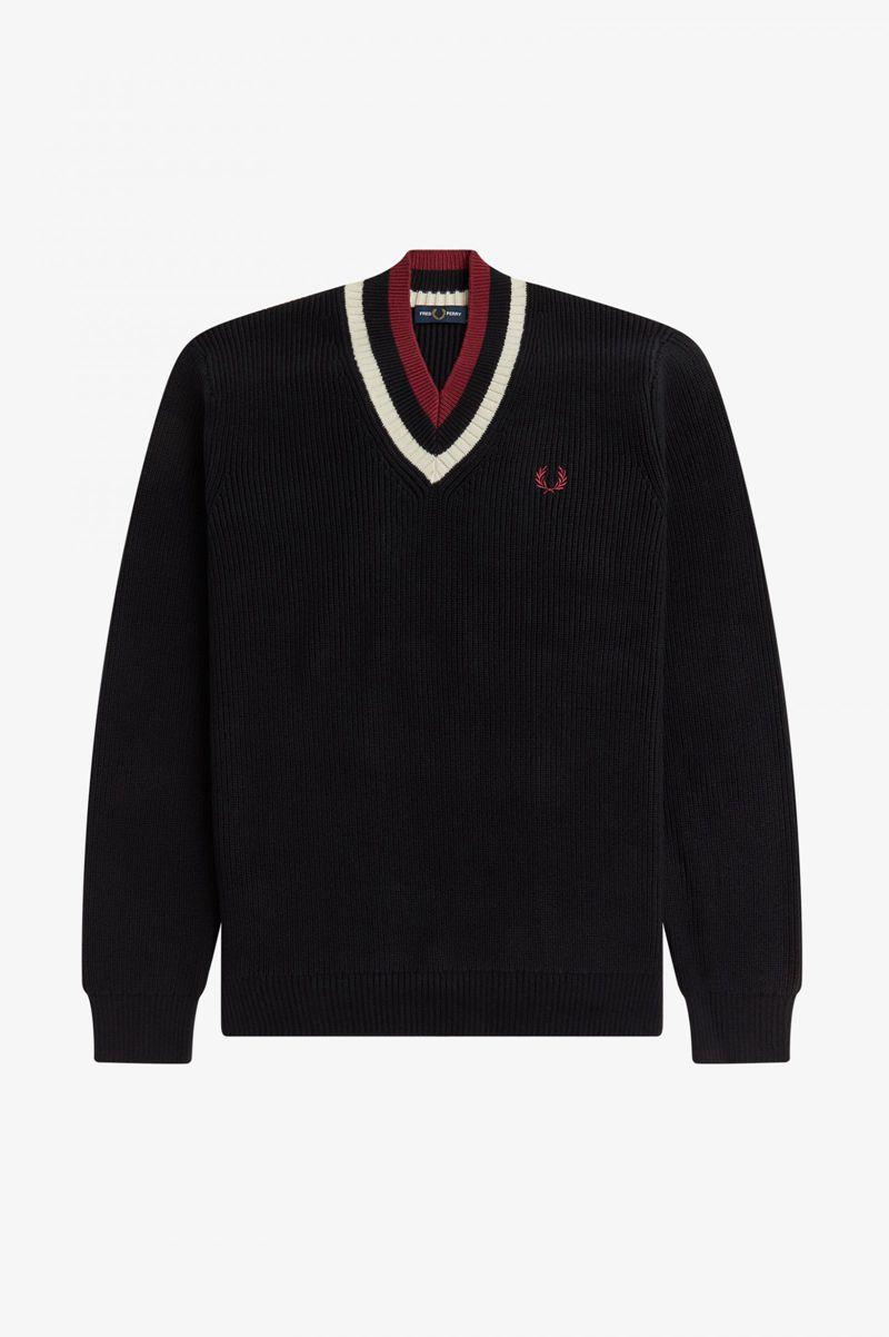 Black Fred Perry Striped V-Neck Jumper Men's Knitwear | PH 1322ZUTG